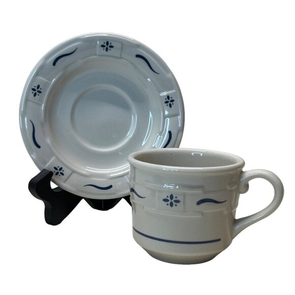 2 Longaberger Classic Blue Woven Traditions Pottery Coffee Cup & Saucer Sets - Picture 4 of 8